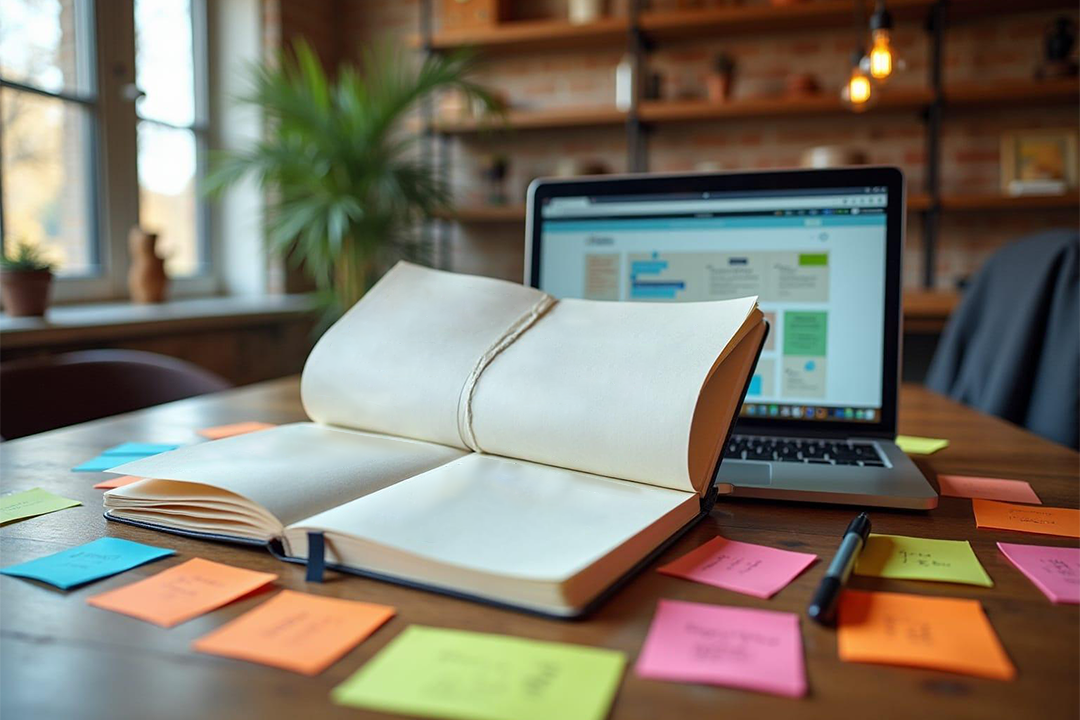 Research notebook, laptop and planning notes