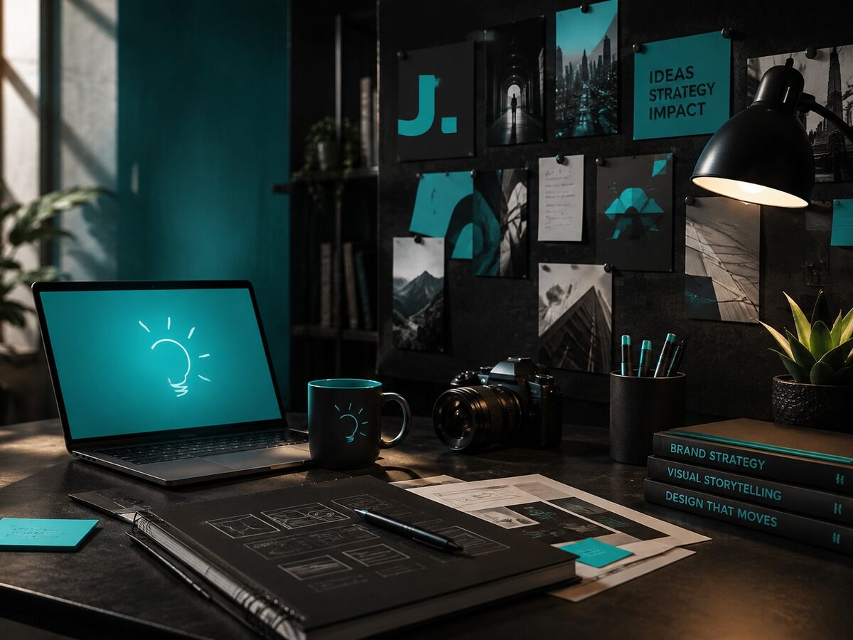 JNINE brand identity moodboard in a creative studio