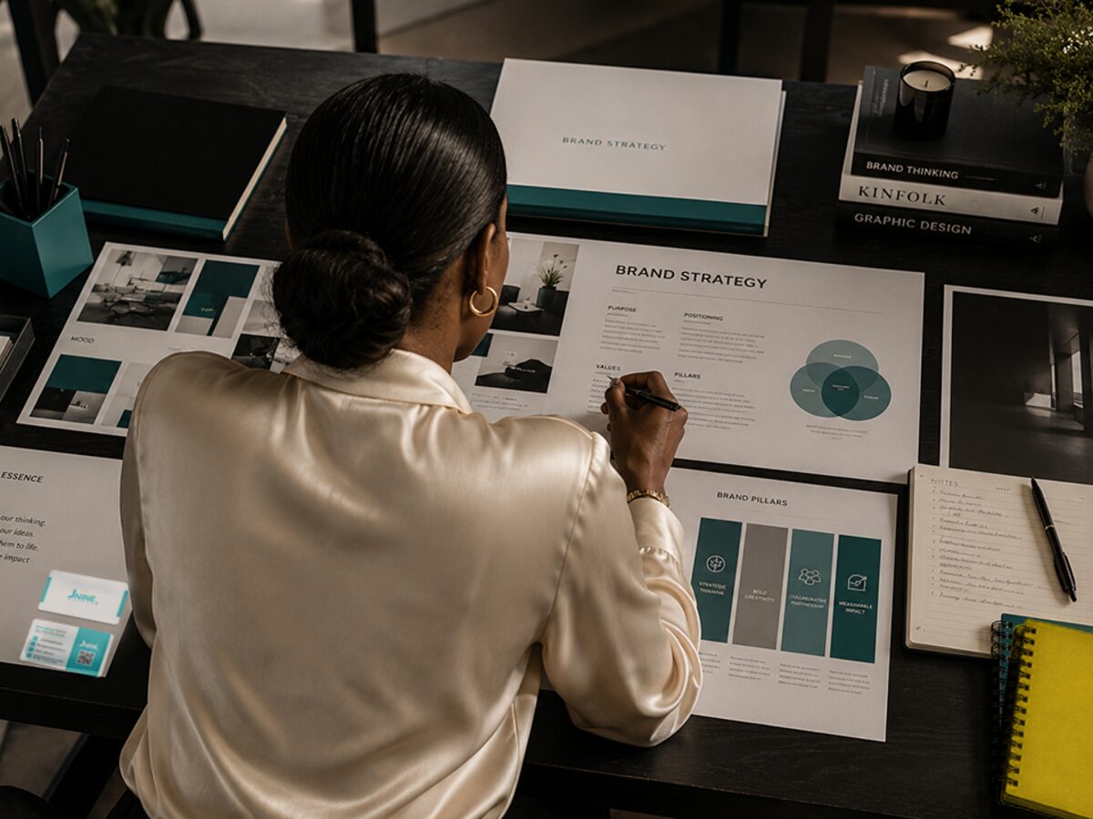 Brand strategist reviewing campaign and identity materials