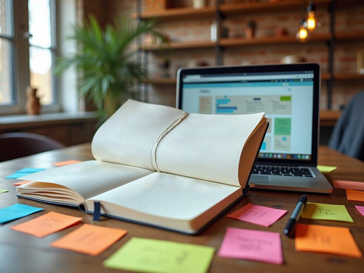 Research notes arranged beside a laptop